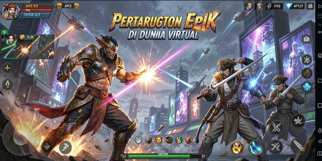 Screenshot utama API33 menampilkan aksi pertarungan yang intens dan karakter beragam.